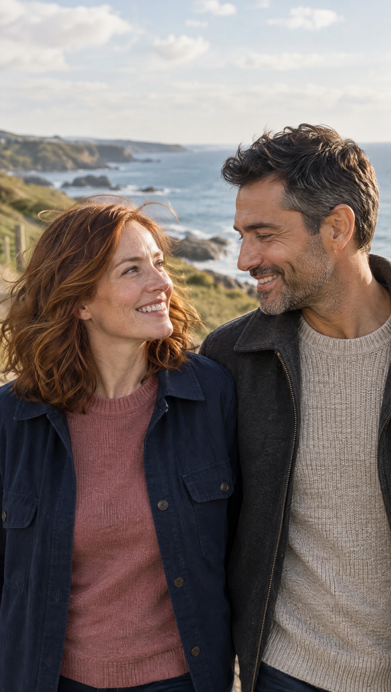 A couple smiling at each other during a walk beside the sea
