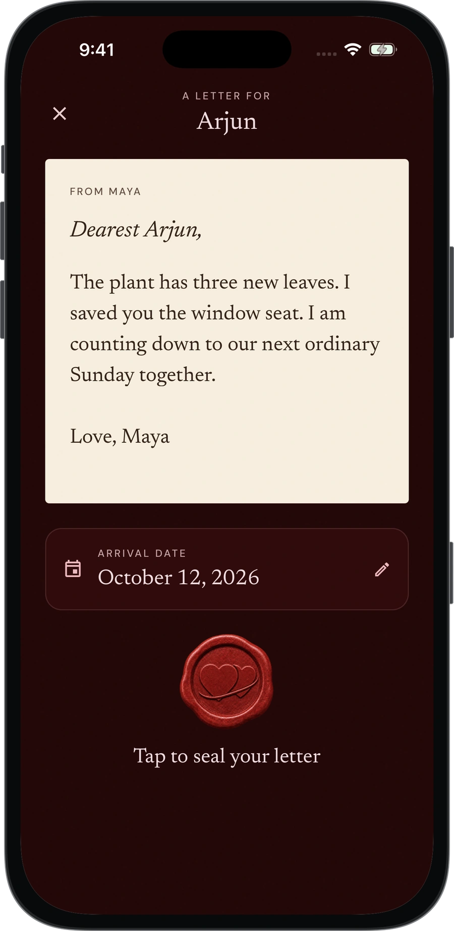 The latest Dearest letter composer: Maya’s letter to Arjun, the arrival date and the wax seal together on one screen