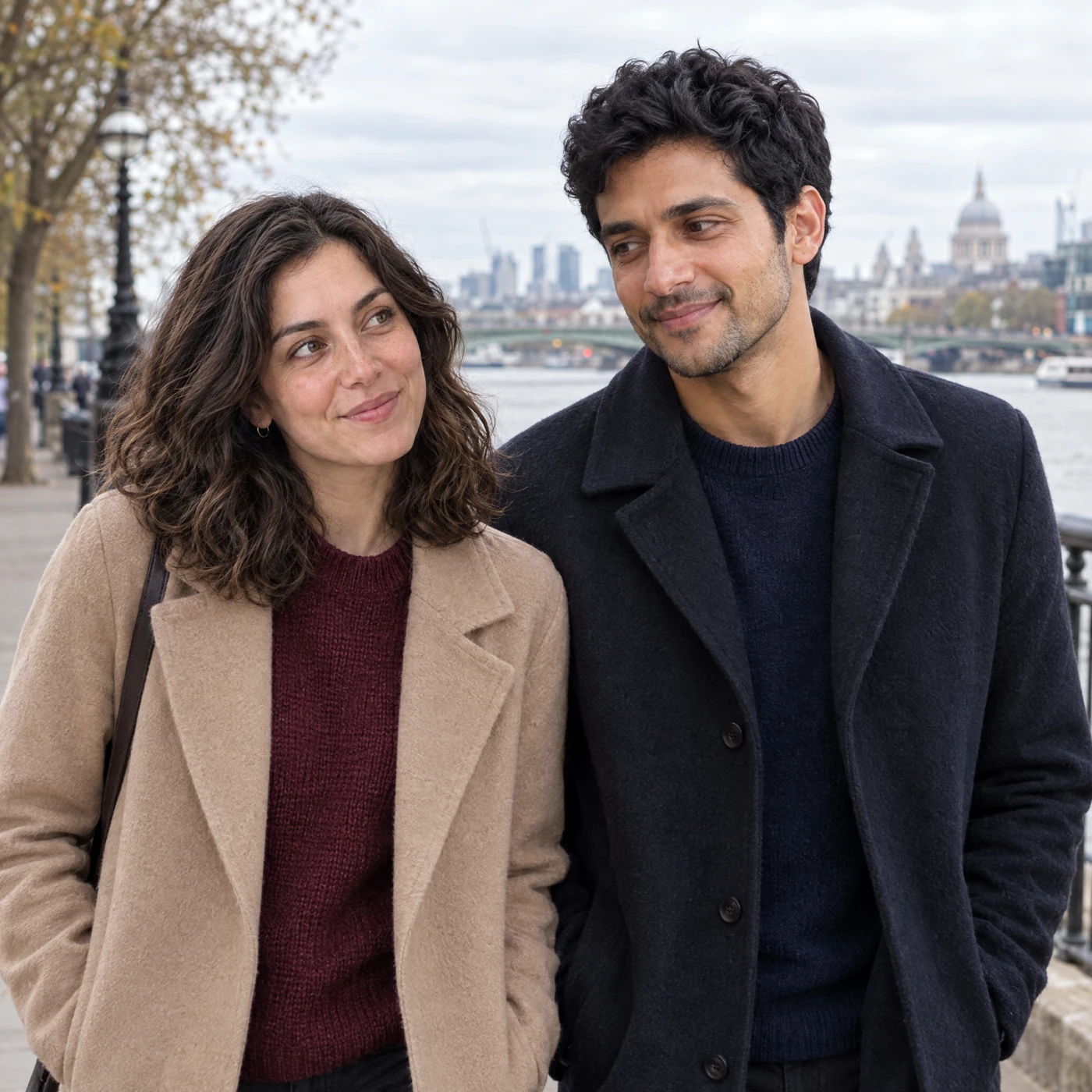 A couple walking together beside the Thames